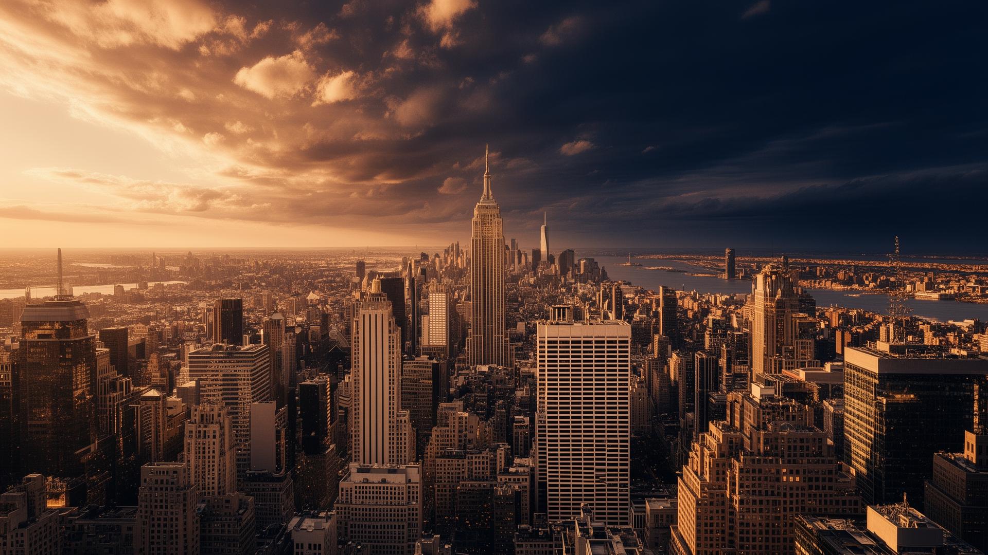 Manhattan skyline at golden hour